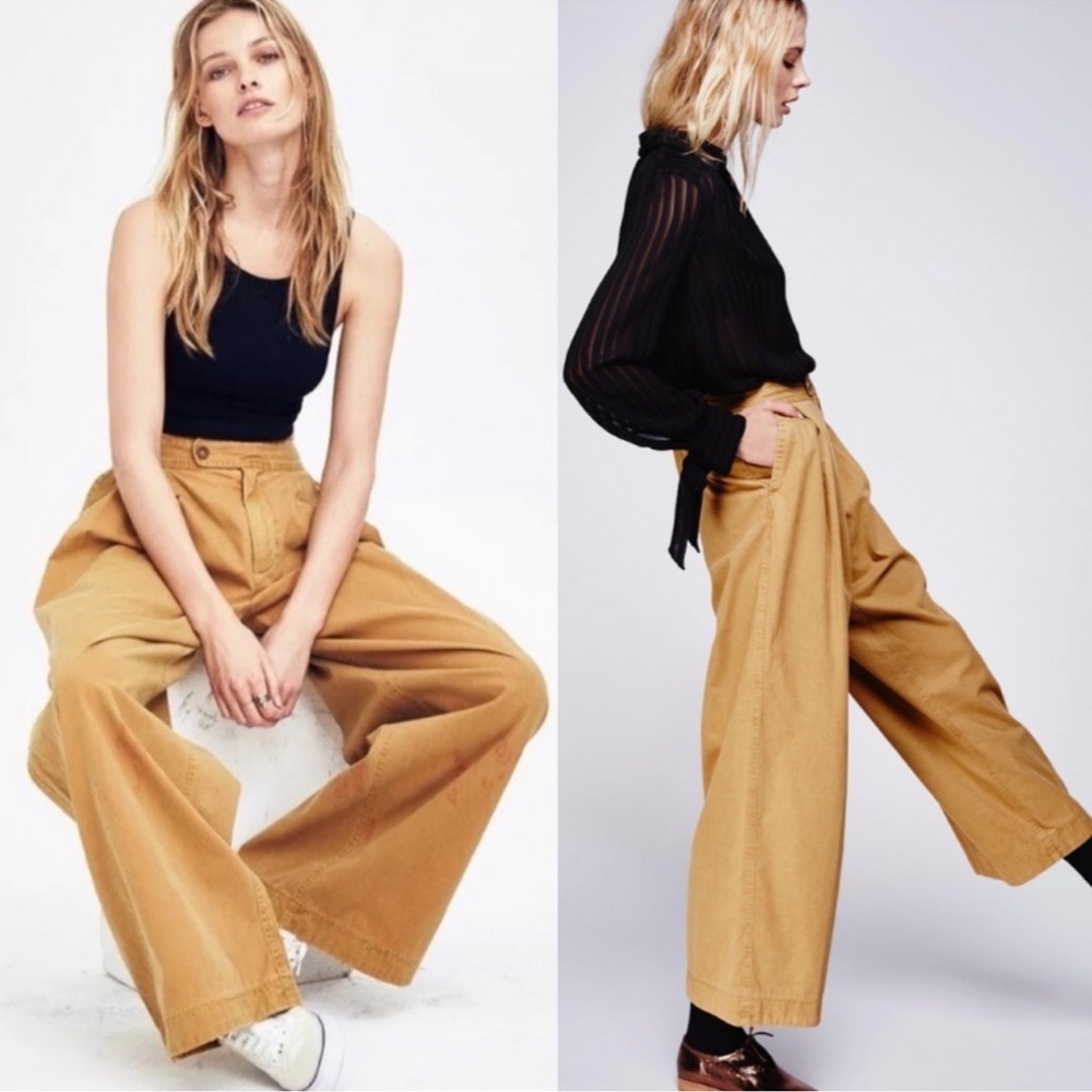 Free People Liberty Wide-Leg Pleated Trouser Pants Size 12 Tan NWT Boho Chic